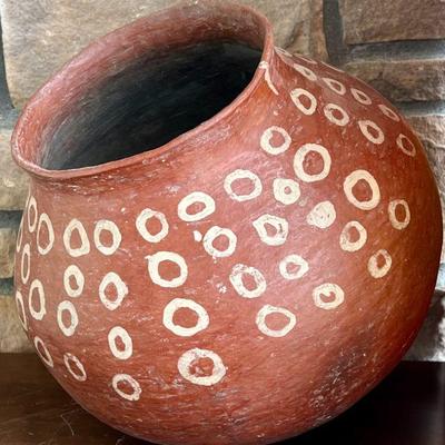 Large Antique 13.5" X 13" Hand Made And Painted Pottery Pot (As Is)