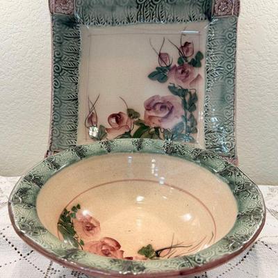 (2) Pieces Of Vintage Hand Painted Studio Pottery Rose Motif Signed
