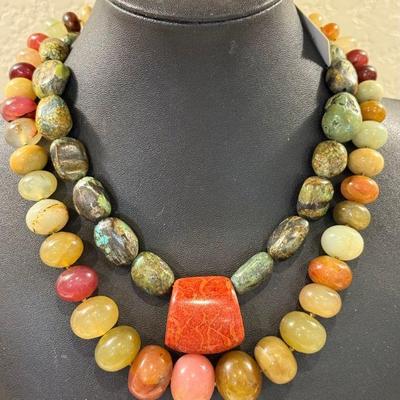 Vintage Stone Bead Necklace And A Gardenia Jade And Sterling Bead Necklace With Original Tag