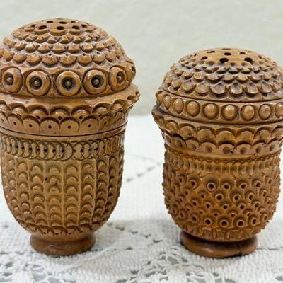 Pair Of 19th Century Coquilla Nut Pounce Pot Or Spice Shakers