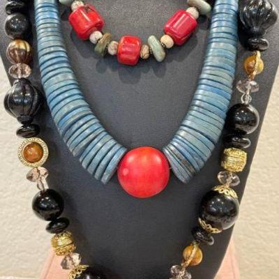 (3) Vintage Necklaces - Wood Disc, Coral And Turquoise, And Plastic Molded Bead