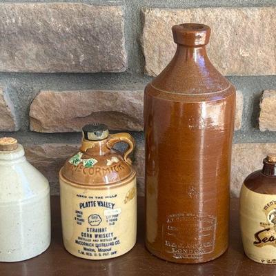 (4) Antique Small Stoneware Jugs - J. Bourne & Son, Seaforth, Platte Valley Whiskey, Unmarked With Cork