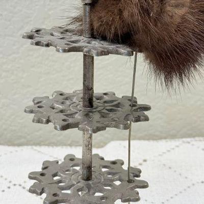 Circa 1895 Victorian Nickel Plated Cast Iron Hat Pin Holder And Pin Cushion With 7" Fur Hat Pin