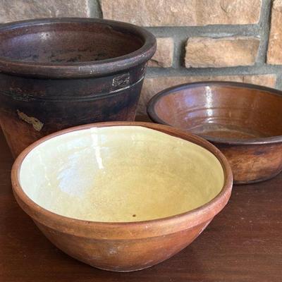 (3) Vintage Burnt Pottery Bowls And Pot