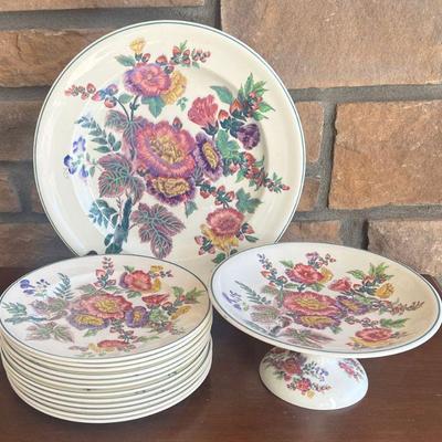 Vintage Wedgwood Etruria England Holly Hock Pattern Compote, Serving Tray, And Plates
