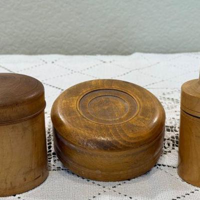 (3) 19th Century Treen Wood Boxes Apothecary Container With Original Glass Bottle, (2) Boxes