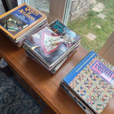 Books on quilting, sewing, crochet, knitting, painting, and drawing.