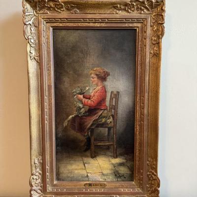 Antique old world style painting of girl with cat. Signed by the artist, Marck. Originally believed to have been purchased in France...