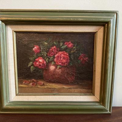Lovely antique painting of roses or peonies. Signed by the artist. Measures 13“ x 14 3/4”. $95 
