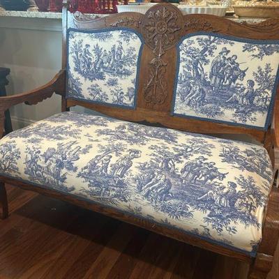 French Toile solid oak loveseat. Purchased in Europe. (Extra fabric if needed) 