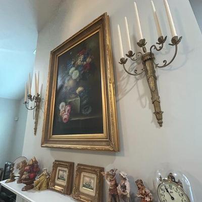 Pair of solid brass 5 - light candle sconces. 