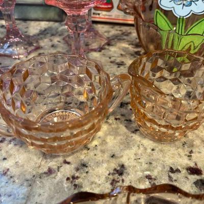 Pink D glass creamer and sugar. 