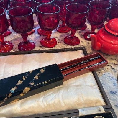 Japanese black lacquered chopsticks and holder 
