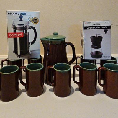 Ceramic Coffee Pitcher With Mugs And French Press And Coffee Grinder