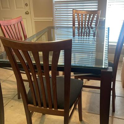 Dining Glass Top Iron And Wood Table And Chairs