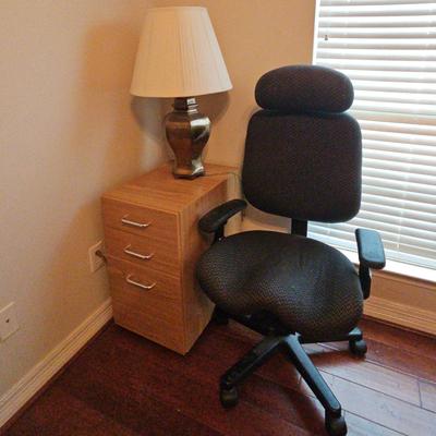 Desk Chair, Filing Cabinet On Wheels And Lamp 