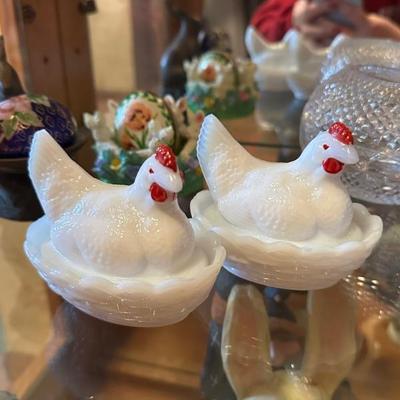 Milk glass hens