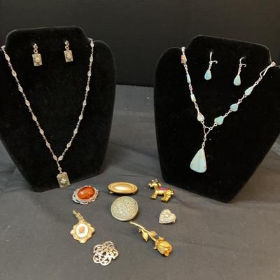 8 Brooches And Two Earrings & Necklace Sets