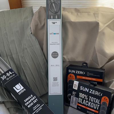 Window treatments:  2 curtain rods, 2 Blackout curtains, sage drapes, Tan Outdoor Cushion Covers