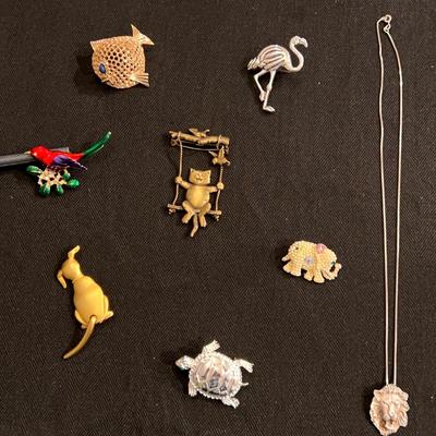 Animal Brooches & Sterling Lion Head Necklace