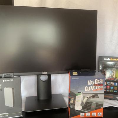 Tech devices: Amazon Kindle Fire HDX, Morphie power station, Dell monitor & Dashboard Phone Holder