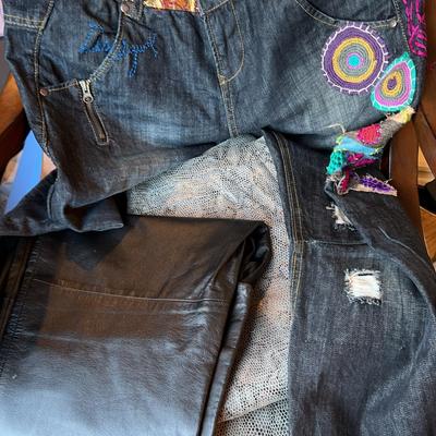 Funky Pants: Two Leather Pants & One Jeans With handmade patches