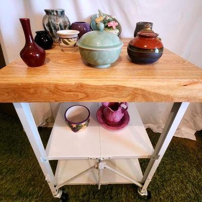 Rolling Butcher Block Cart And Variety Of Pottery
