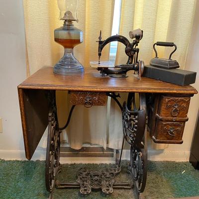 Antique Sewing Machine With Cabinet, Kereosene Lamp
