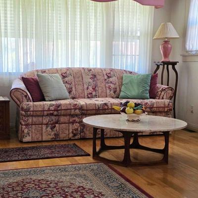 Vintage floral sofa, mid century modern marble top coffee table