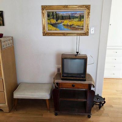 Vintage Quasar TV with remove, mid century modern ottoman