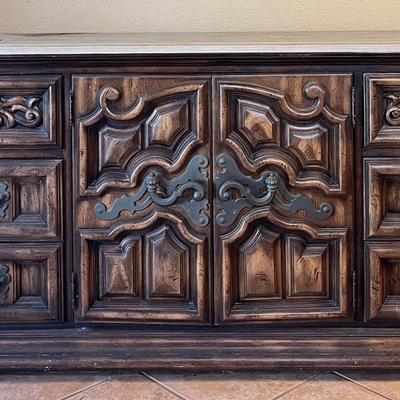 Wood Buffet With Wrought Iron Handles & Oval Mirror