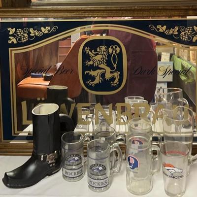 Lowenbrau Framed Mirror, Rockie & Broncos Beer Steins & Harley Davidson Special Edition Stein