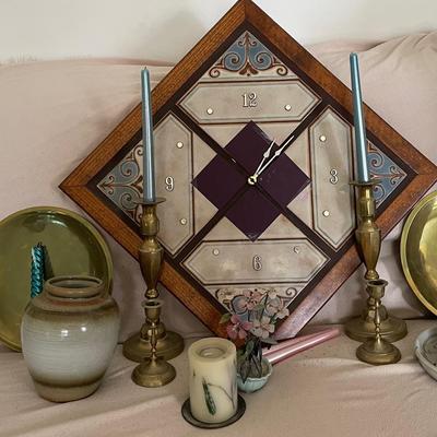 Housewares Tile And Wood Clock Plus Brass Candlesticks