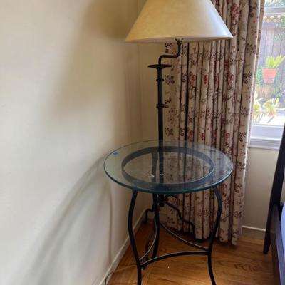 POTTERY BARD LAMP AND GLASS TABLE