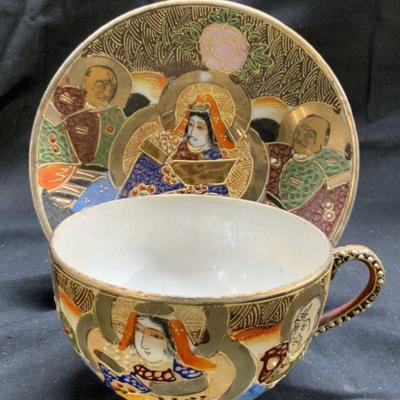 Satsuma Style H Painted Porc Japanese Cup & Saucer
