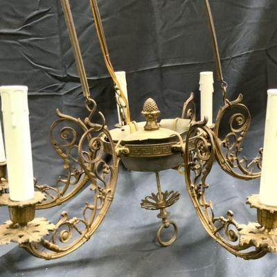 6 Arm Brass Art Nouveau Chandelier 35in
