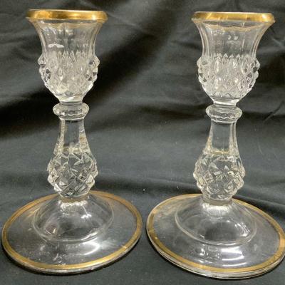 Pair Pressed Glass Candlesticks W Gilt Detail
