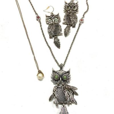 Owl Necklace w Earrings, Genuine Pearl, 4
