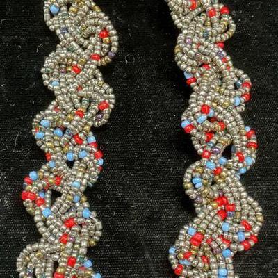 Silver Tone Red & Blue Beaded Woven Necklace
