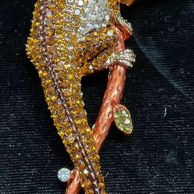 Gold Tn Crystal Chameleon Brooch, 3.5 In
