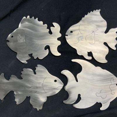 AMY HESS Lot 4 Brushed Metal Fish Coasters
