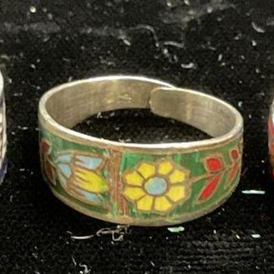 Lot 3 Vintage Cloisonne Floral Rings
