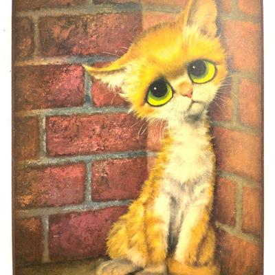 Vtg Big Sad Eyed Cat Print On Board

