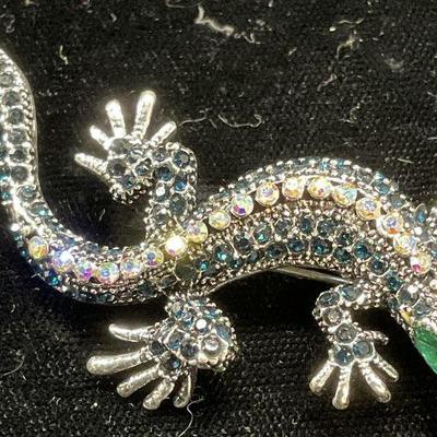 Silver Tone Crystal Lizard Brooch
