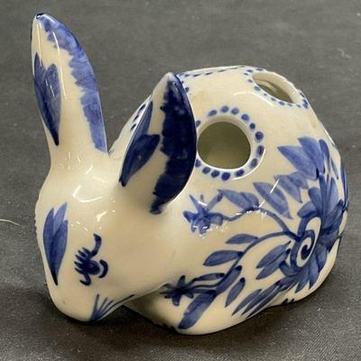 Vintage Blue Porcelain Rabbit Flower Frog
