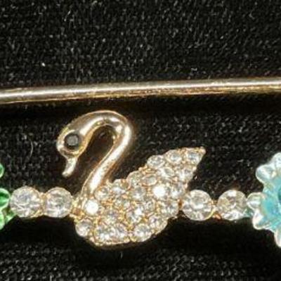 Gold Tone Crystal Swan Flower Safety Pin Brooch
