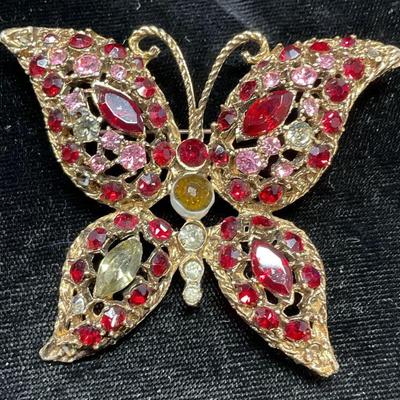 Gold Tone Red Crystal Butterfly Brooch
