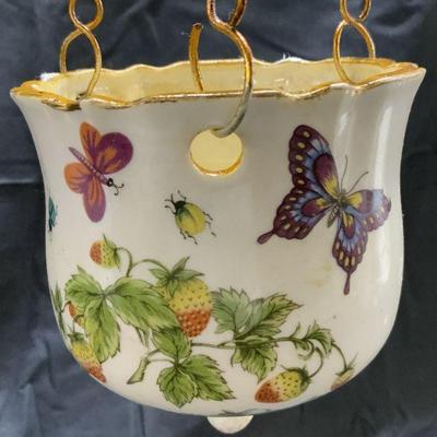 Vtg Floral Detailed Hanging Porc Planter Vessel
