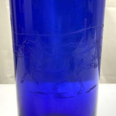 Art Glass Cylindrical Vase W Etched Horse Detail
