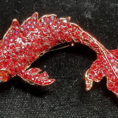 Gold Tn Crystal Koi Fish Brooch, 3 In L
